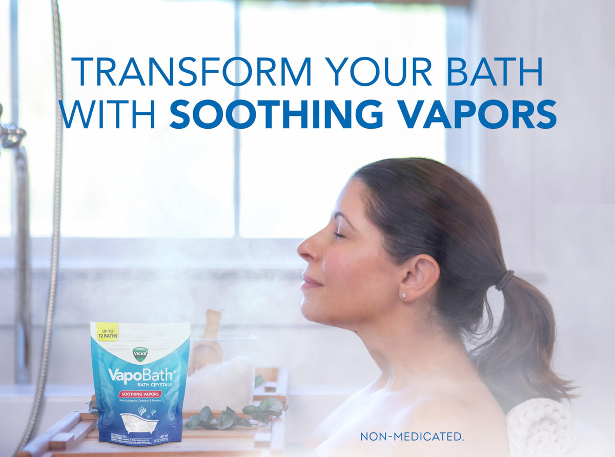 Vicks VapoBath pouch open with crystals visible for easy pouring benefit