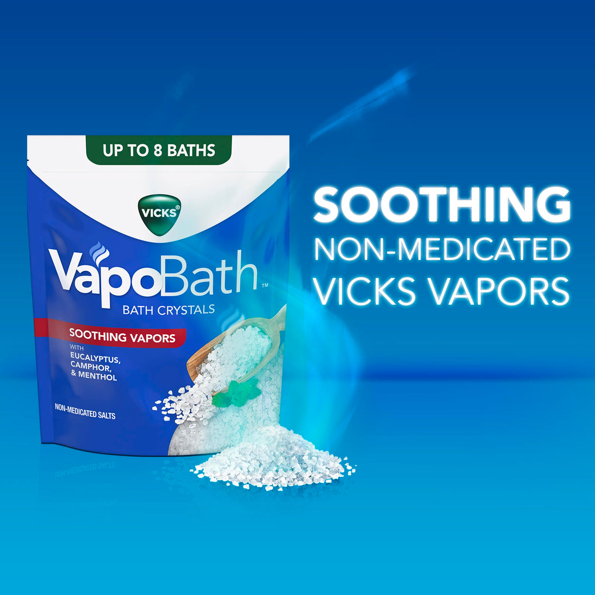 Vicks VapoBath next to a hand for scale showing jar size and portion guidance