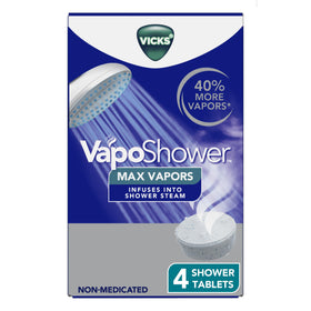 Vicks front packaging showing VapoShower MAX tablets and branding benefit