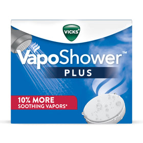 Vicks VapoShower PLUS front pack showing tablets and branding for clear purchase