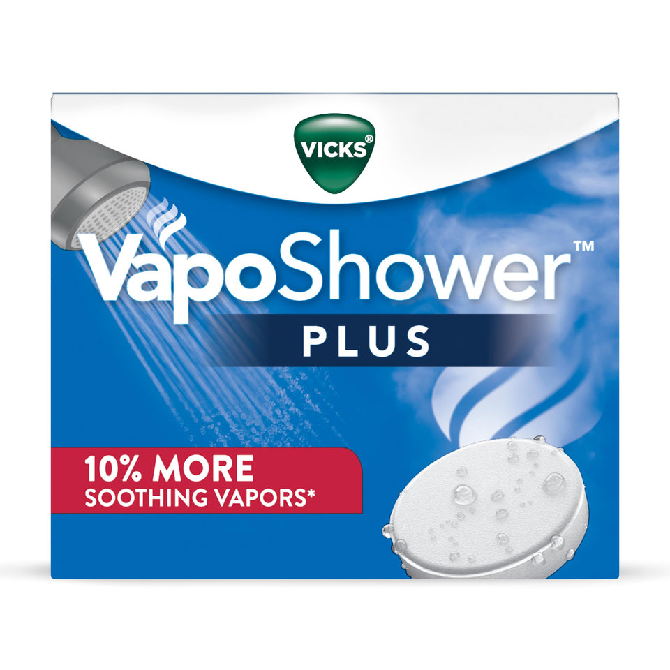 Vicks VapoShower PLUS front pack showing tablets and branding for clear purchase