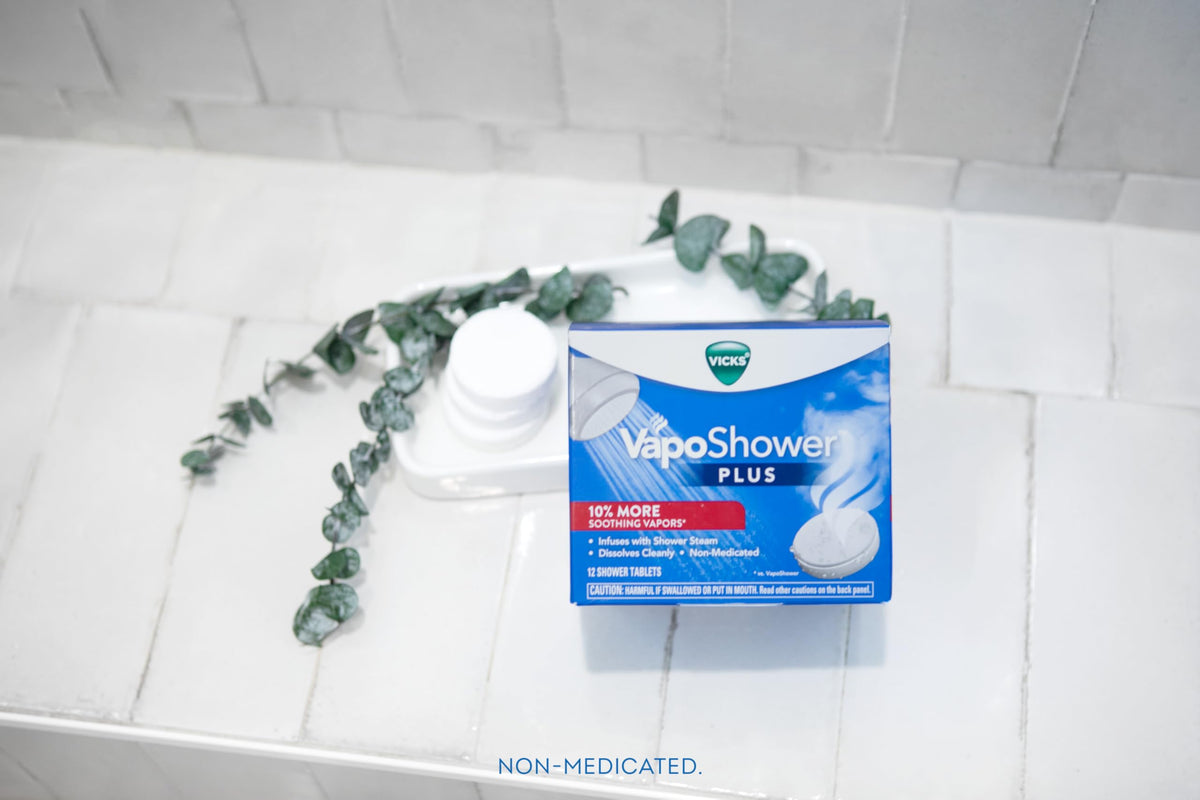 Vicks VapoShower PLUS used during evening shower for calming steam experience