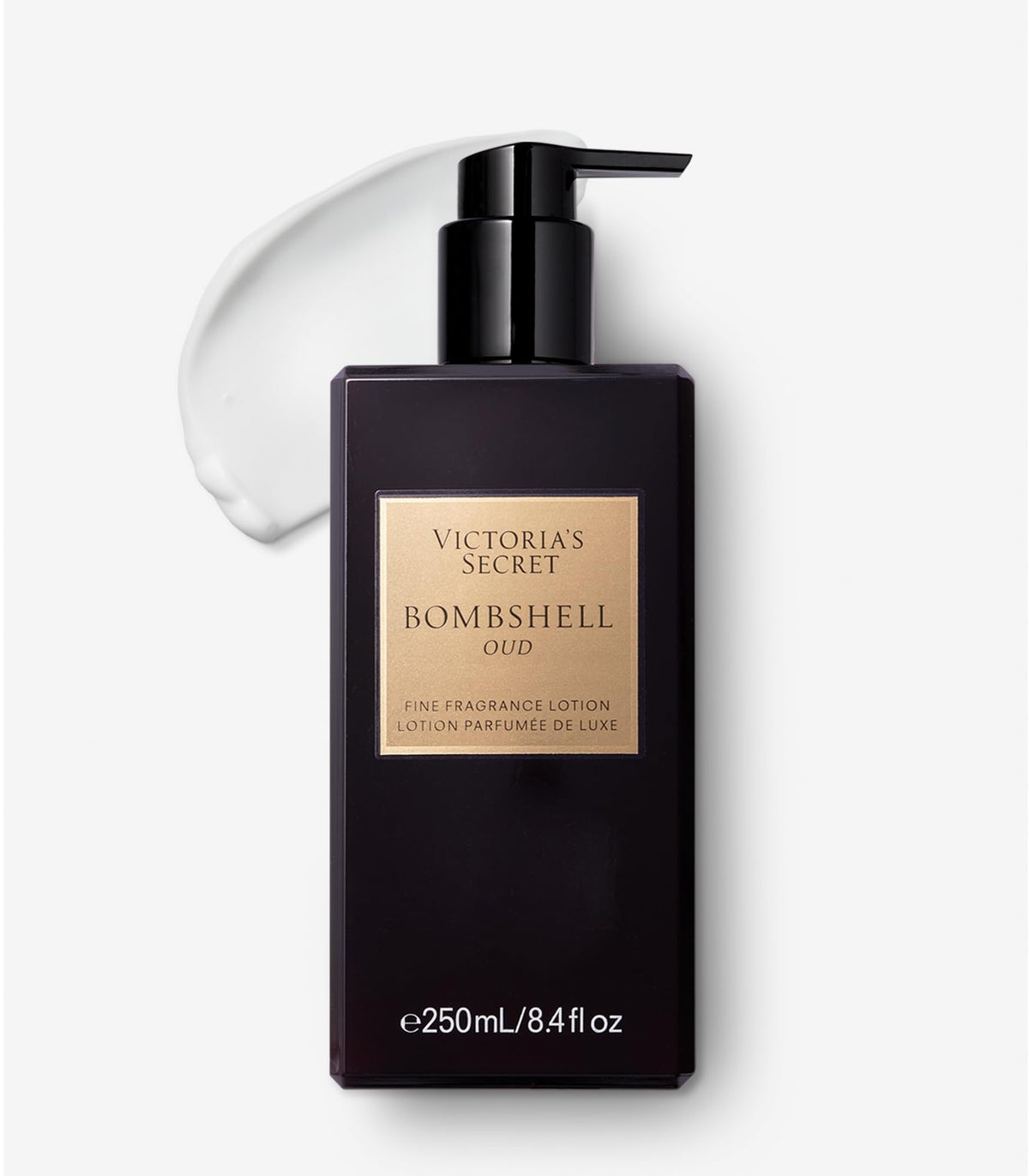 Victoria's Secret Bombshell Oud front bottle shown on white surface, highlights scent and size
