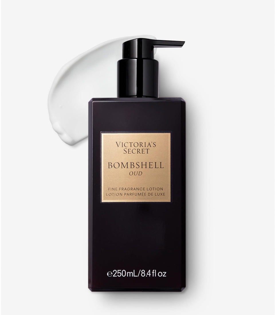 Victoria's Secret Bombshell Oud front bottle shown on white surface, highlights scent and size