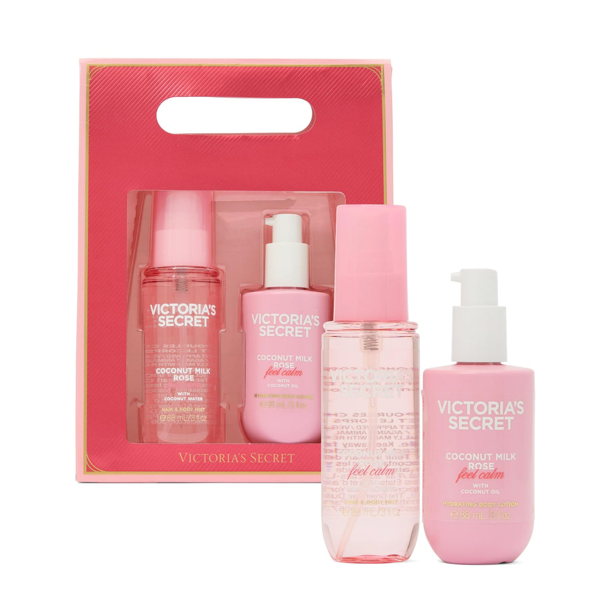 Victoria's Secret front packaging displaying the two-piece Coconut Milk Rose set and gift-ready look