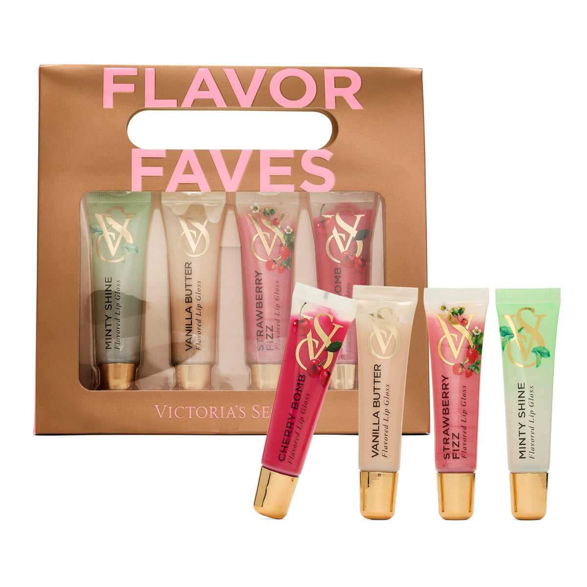 Victoria's Secret front packaging showing four flavored glosses and gift-ready presentation, great for gifting