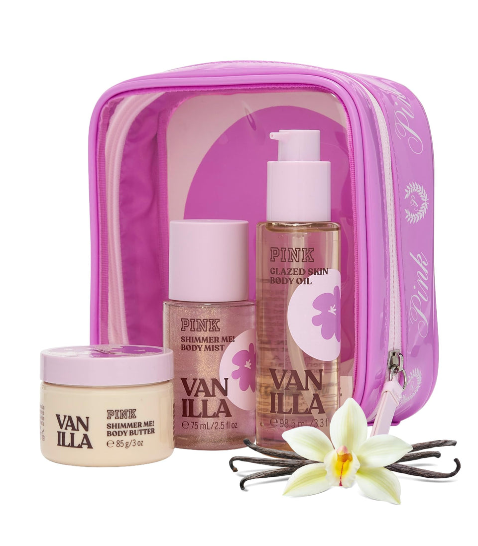 Victoria's Secret PINK front packaging of the vanilla travel gift set, perfect for gifting