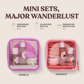 Victoria's Secret PINK travel trio next to passport showing convenient travel-sized benefit