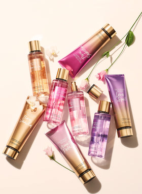 Victoria's Secret size comparison showing 8 oz bottle for travel and home use