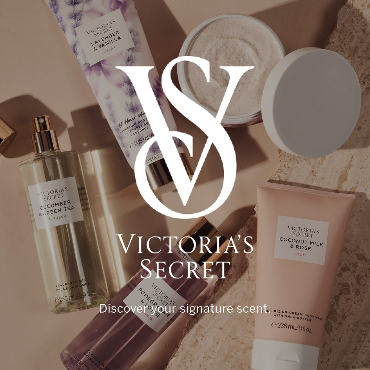 Victoria's Secret 8 oz bottle beside common items to show true size