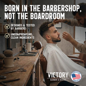 Victory Barber & Brand lifestyle image with flannel outdoors conveying woodsy scent vibe