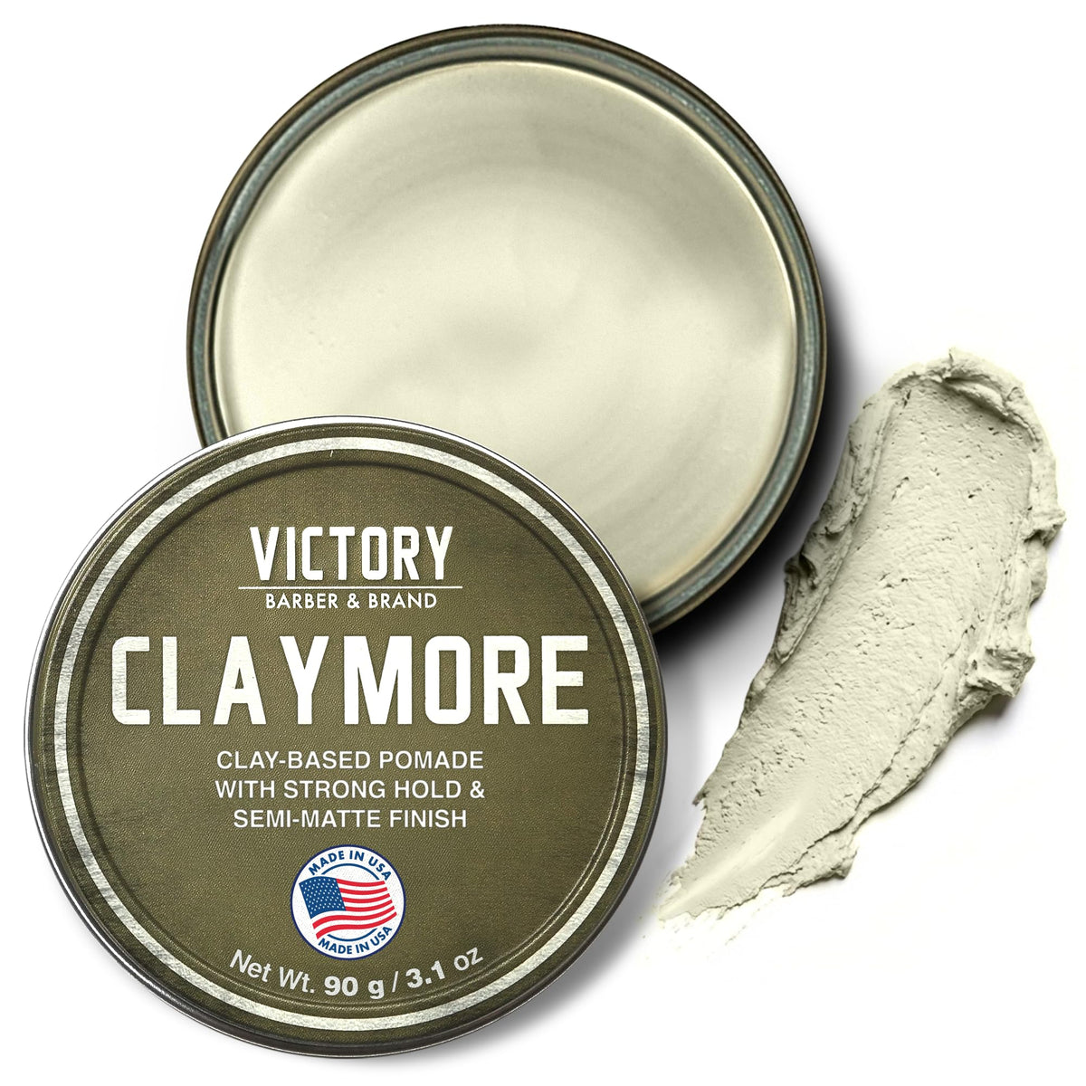Victory Barber & Brand front jar view showing matte clay and rugged branding benefit: clear product ID