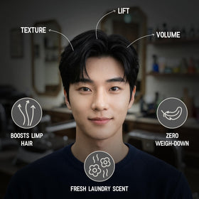 Victory Barber & Brand model with tousled textured hair demonstrating strong matte hold