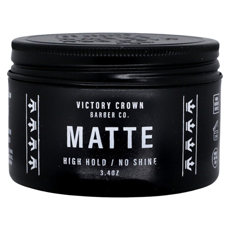 Victory Crown front tin showing matte pomade brand and clean design benefit