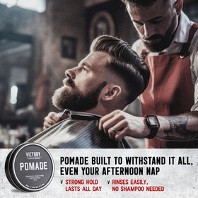 Victory Barber & Brand applying pomade with hands demonstrating easy spread