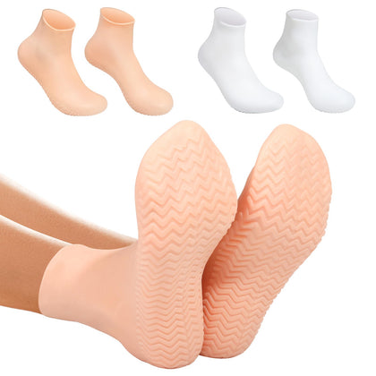 Vigdit front view of white and beige silicone moisturizing socks, ready to use