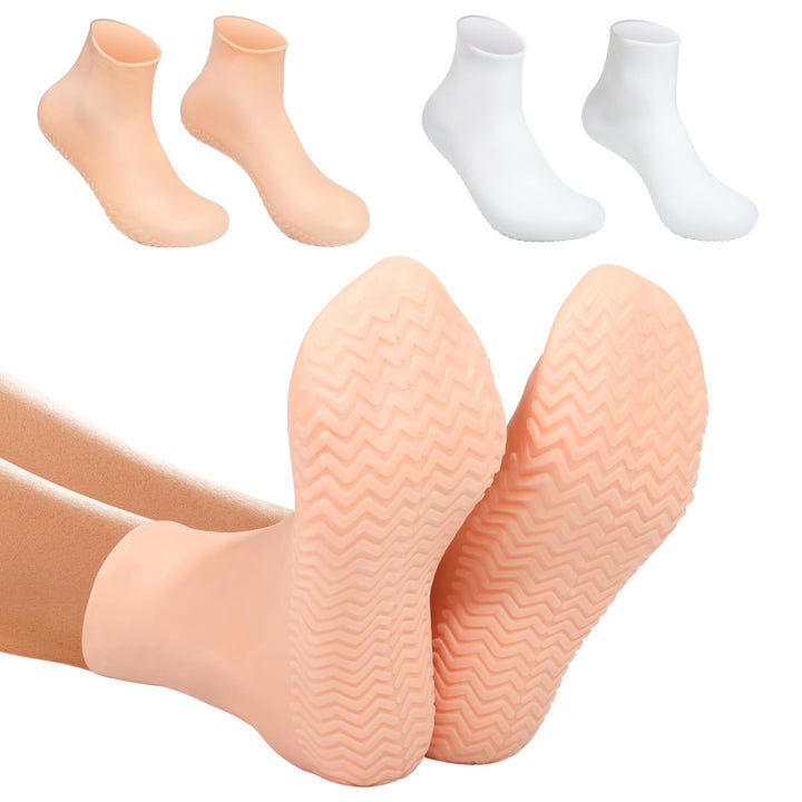 Vigdit front view of white and beige silicone moisturizing socks, ready to use