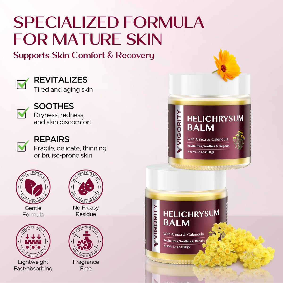 Vigority ingredients arnica and calendula display highlighting plant-based soothing benefits