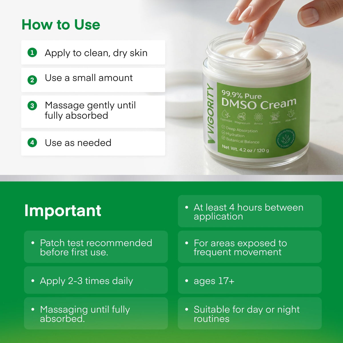 Vigority cream absorbed on elbow close-up showing non-greasy finish benefit