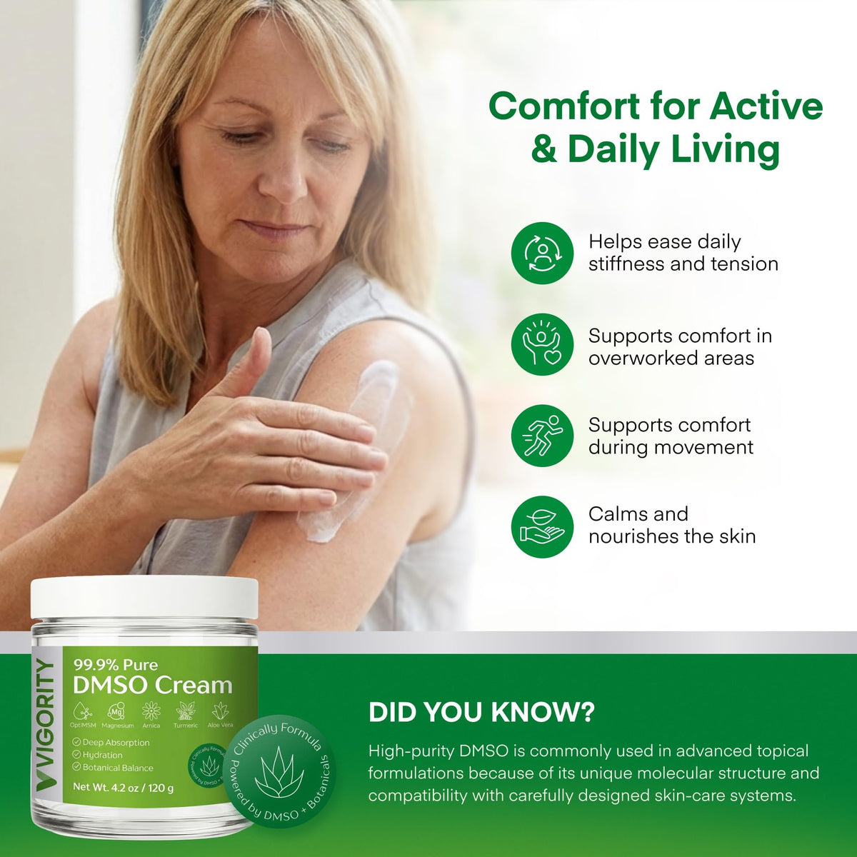 Vigority ingredients display with arnica and aloe highlighting botanical conditioning benefit