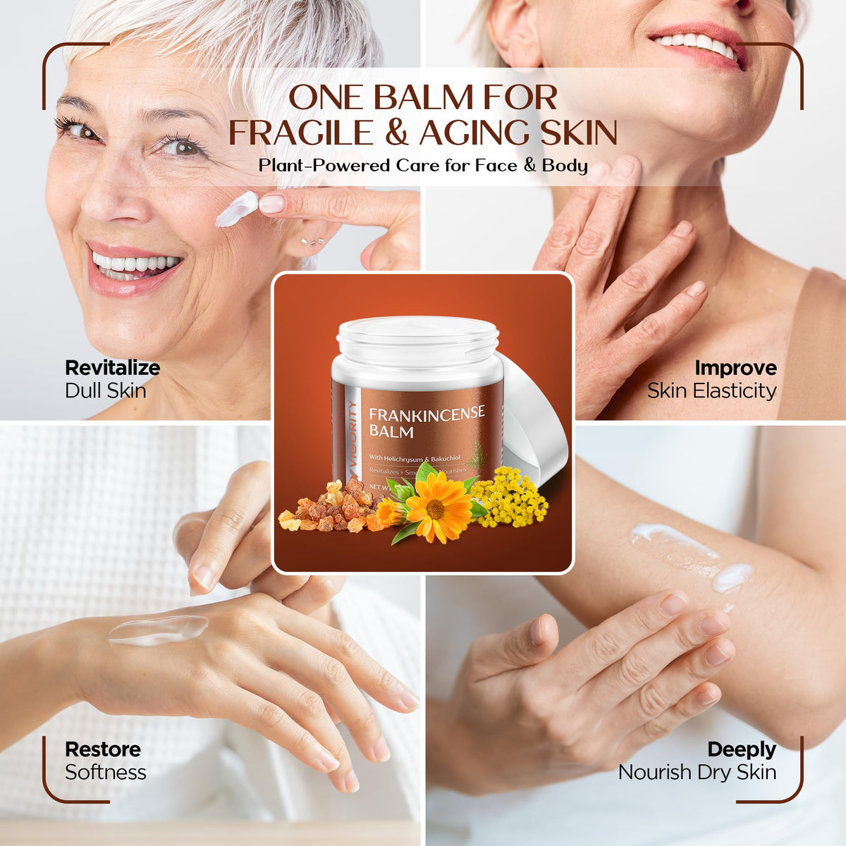 Rubbing Vigority balm into hands to soothe dry, fragile skin