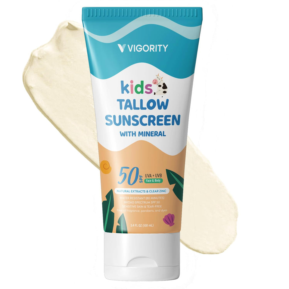 Vigority front packaging showing SPF 50 and kid-friendly tube for easy use