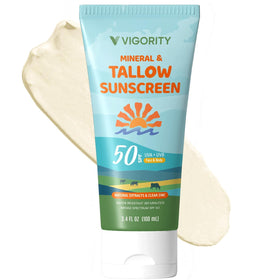 Vigority front packaging tube showing SPF 50 and travel size benefit
