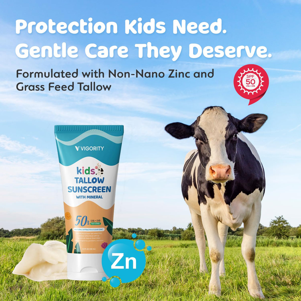 Vigority ingredients label close-up highlighting zinc oxide and grass-fed tallow