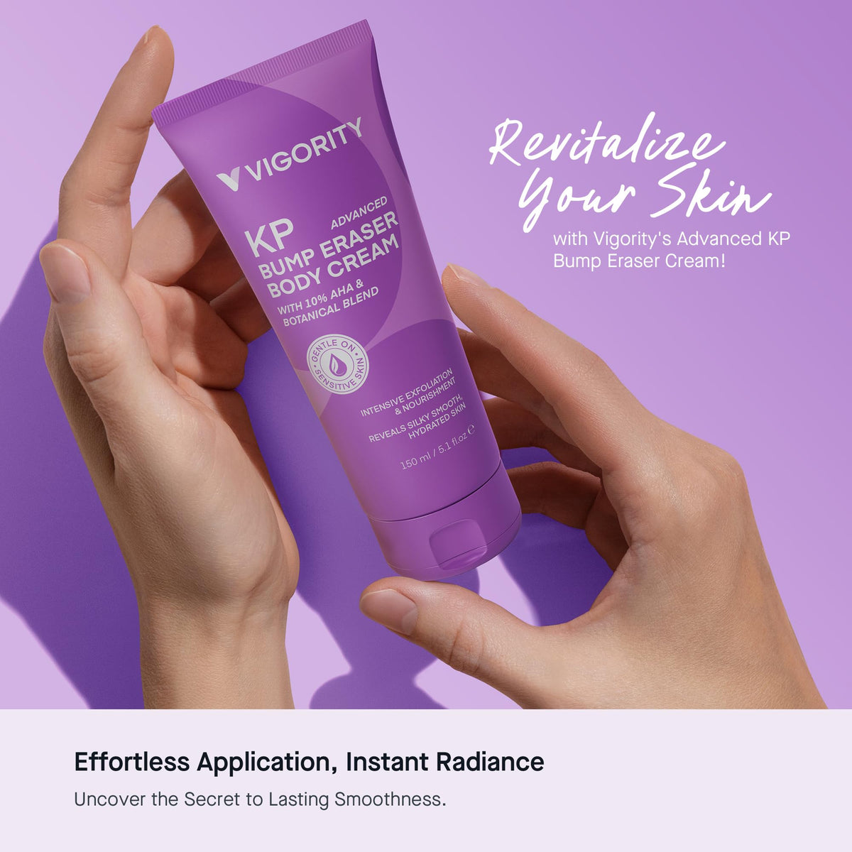 Vigority in bathroom routine setting conveying daily use and hydrated skin benefit