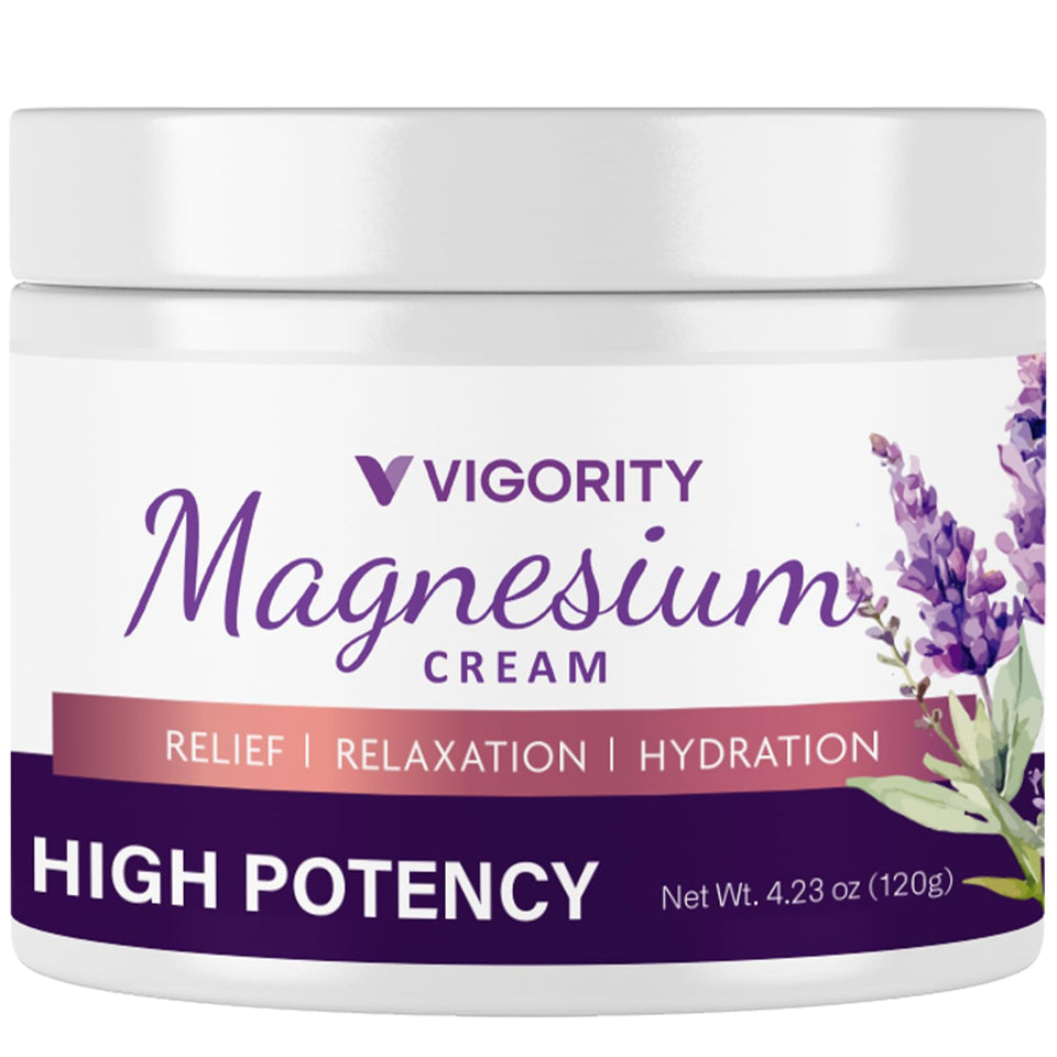 Vigority lotion front label showing calming lavender and magnesium benefits