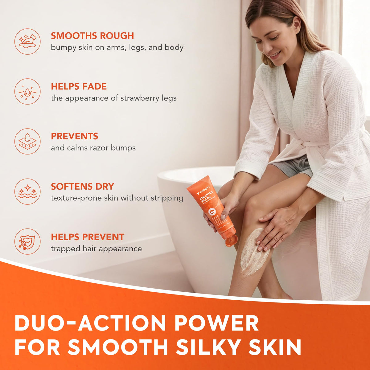 Vigority lotion applied to elbow to show hydration and reduced roughness benefit