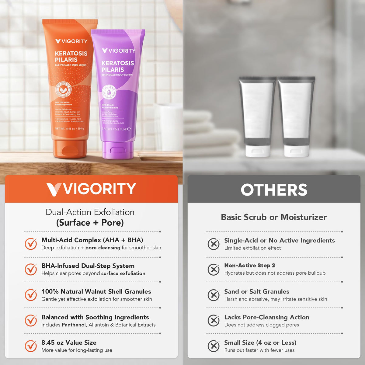 Vigority scrub in hand being applied to arm for smoother skin benefit