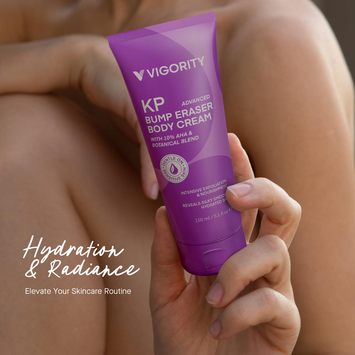 Vigority tube beside a hand illustrating 5.1 oz size and travel-friendly scale