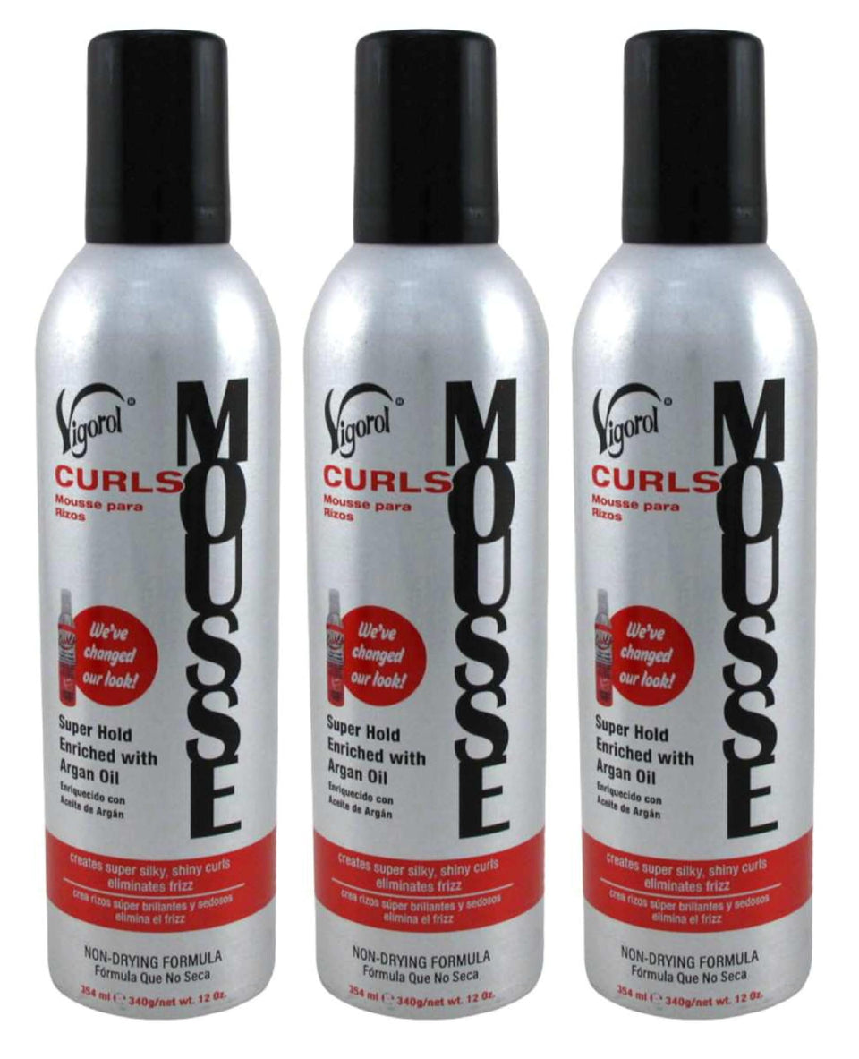 Vigorol mousse curls front packaging showing three 12oz cans with clear labeling and easy storage benefit