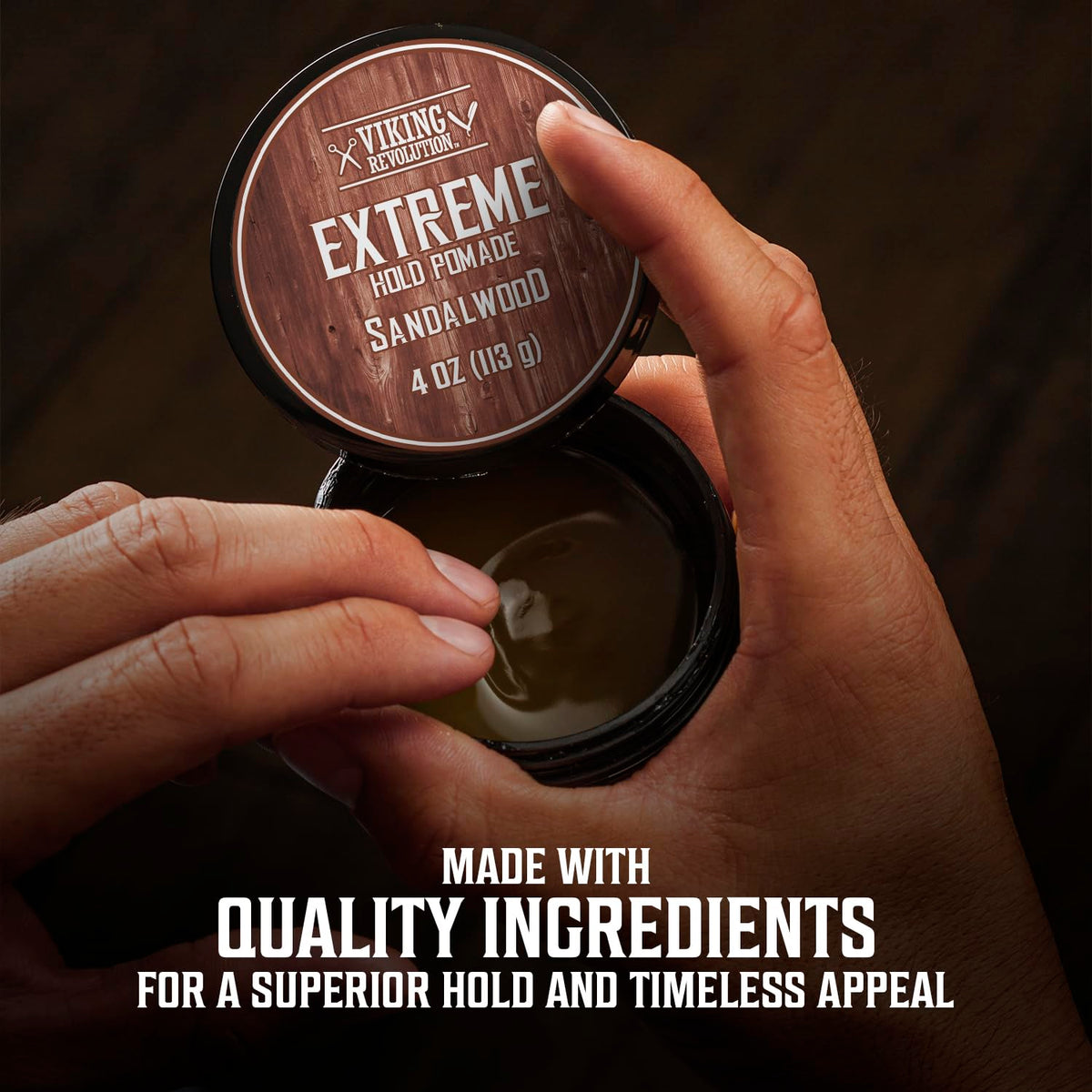 Viking Revolution pomade on hands being warmed, illustrating easy application