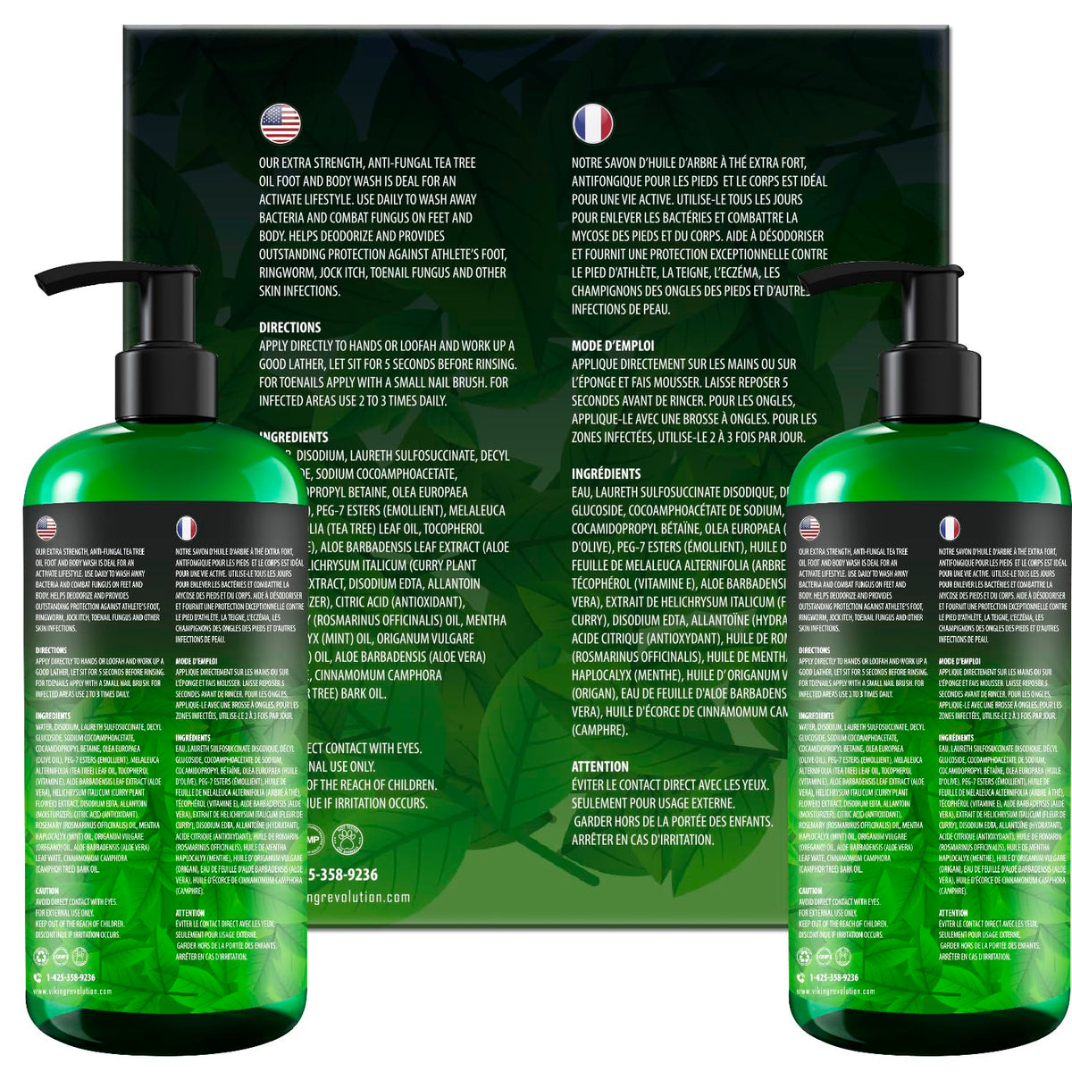 Viking Revolution bottle beside tea tree leaves showing natural active ingredient benefit
