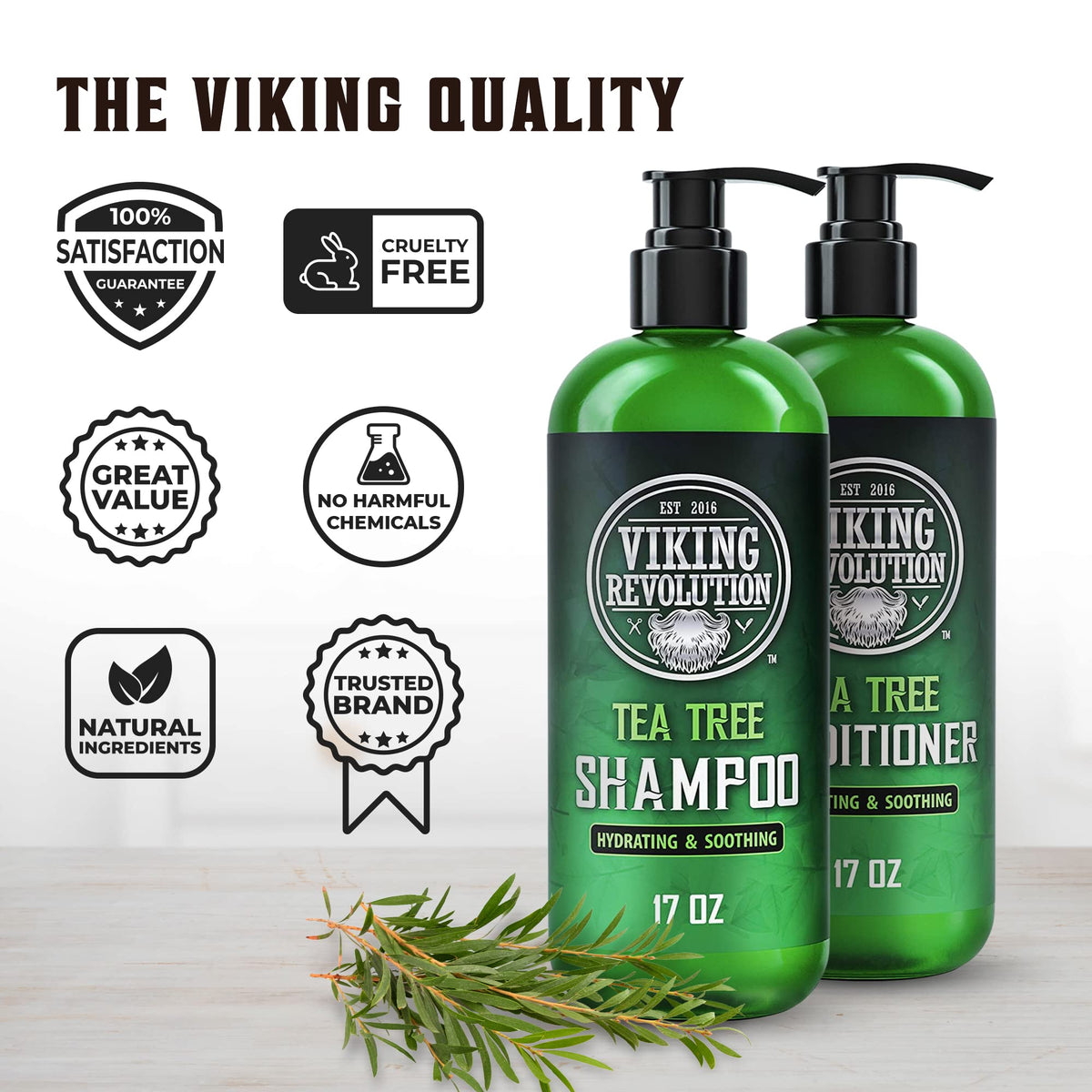 Viking Revolution label close-up highlighting tea tree oil ingredient benefits