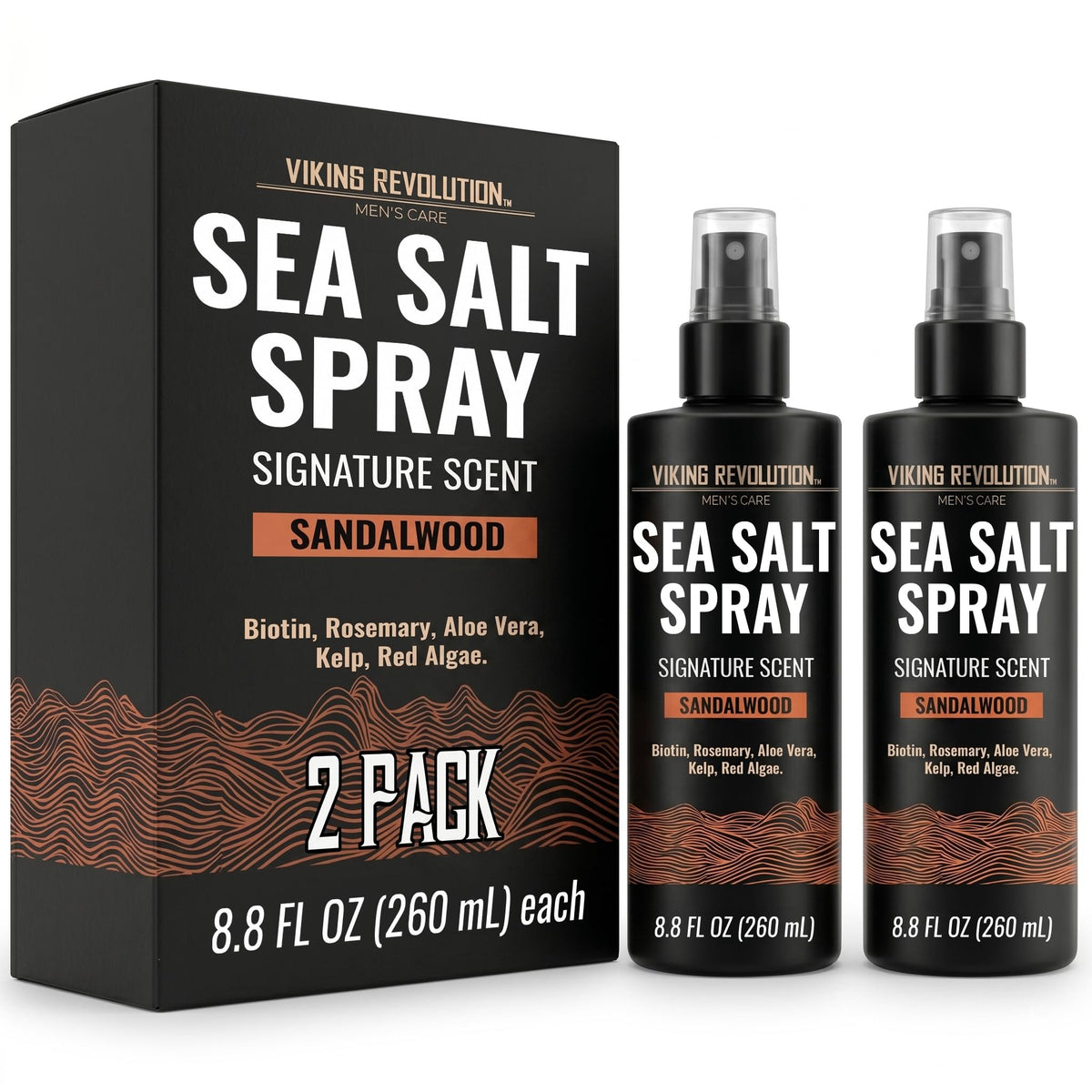 Viking Revolution front bottle view showing sandalwood scent and benefits
