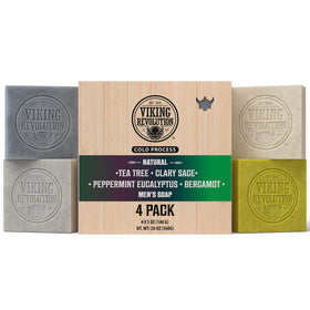 Viking Revolution front packaging showing four scented soap bars and benefits