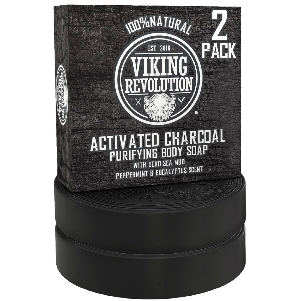 Viking Revolution front packaging showing two charcoal soap bars and branding for convenience