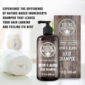 Viking Revolution ingredient label close-up highlighting biotin, jojoba and peppermint
