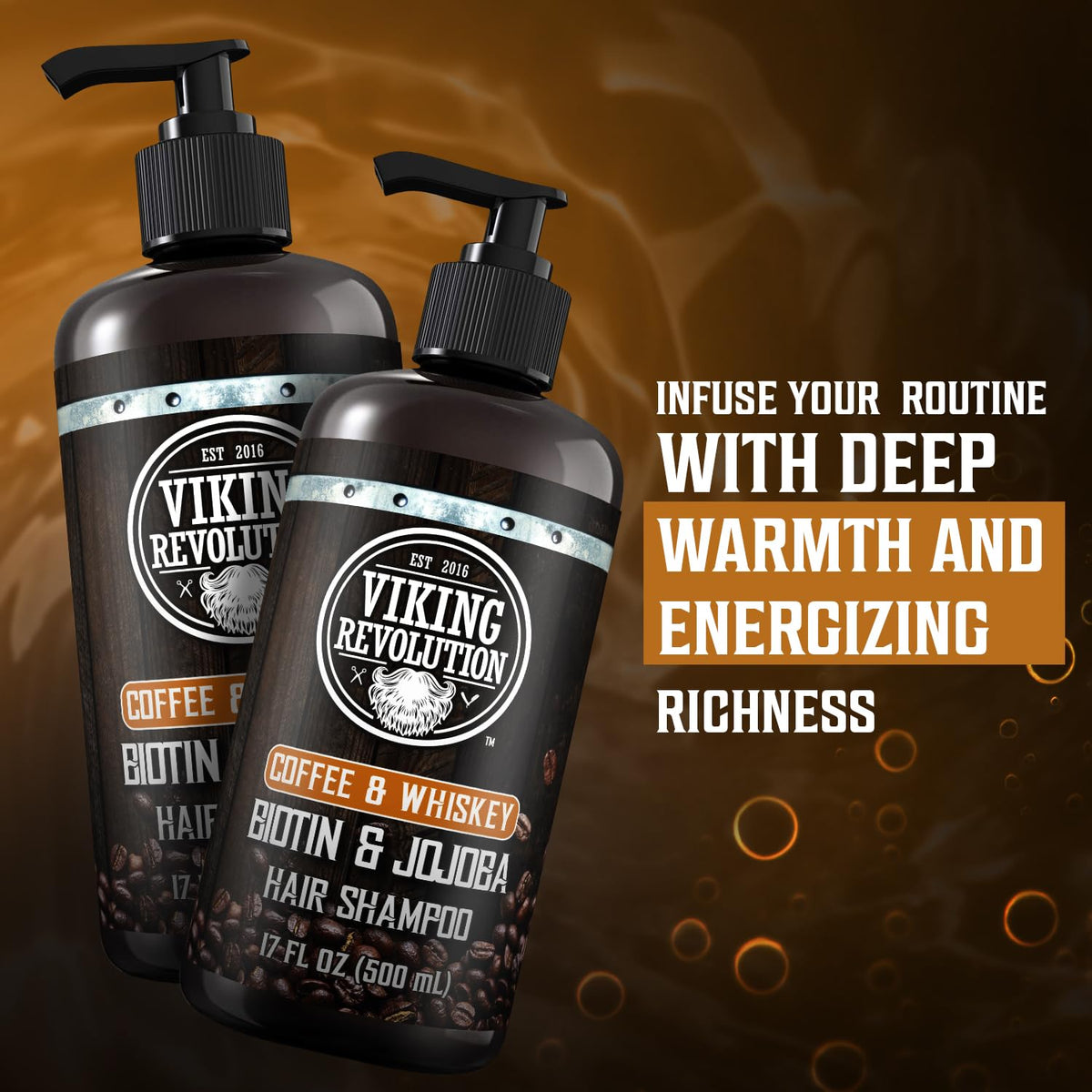 Viking Revolution product label highlighting biotin, jojoba oil and vitamin B5 benefits