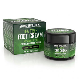 Viking Revolution jar on bathroom shelf suggesting daily foot care routine