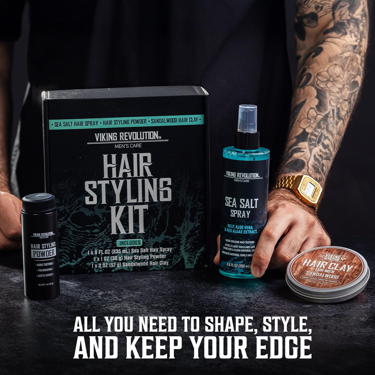Viking Revolution styled hair on model demonstrating textured matte finish