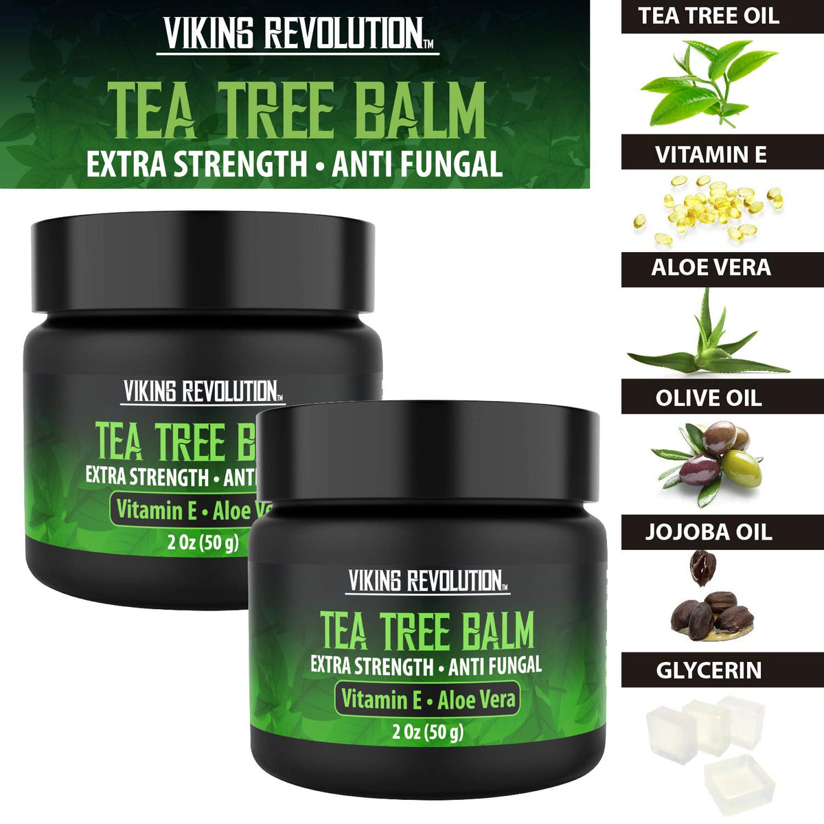 Viking Revolution open jar texture close-up, displays creamy balm for quick absorption
