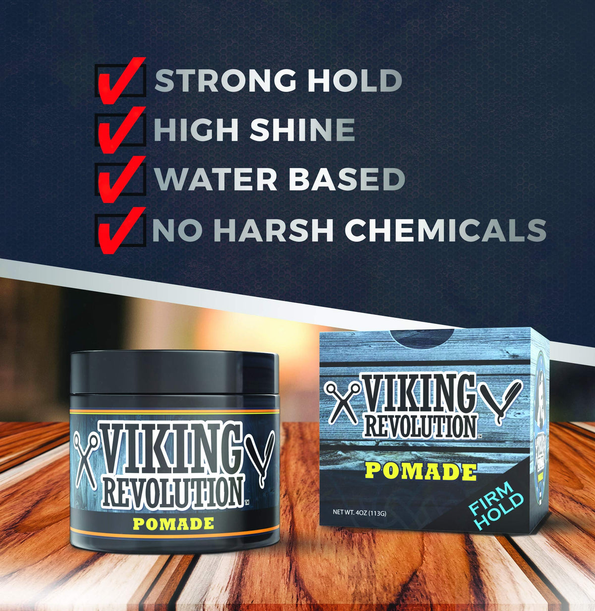 Viking Revolution pomade applied to styled hair showing lasting control and shine