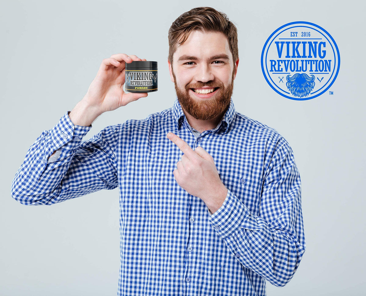Viking Revolution styled model with slick back showcasing high shine and control