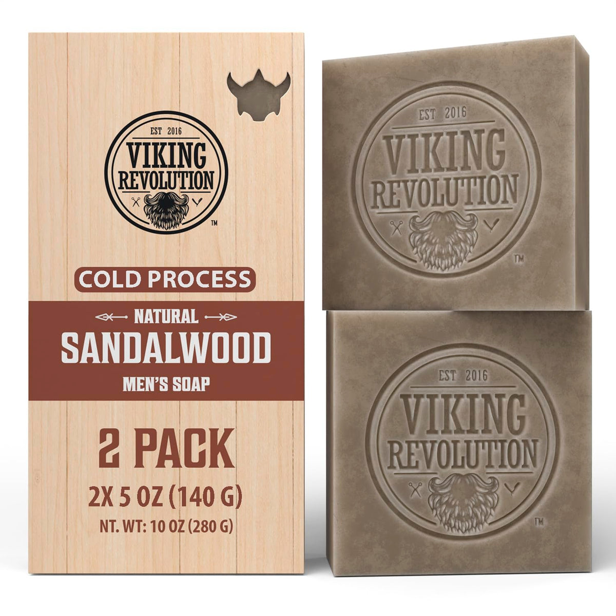 Viking Revolution soap front packaging shows two bars and benefits of natural oils
