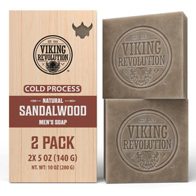 Viking Revolution soap front packaging shows two bars and benefits of natural oils