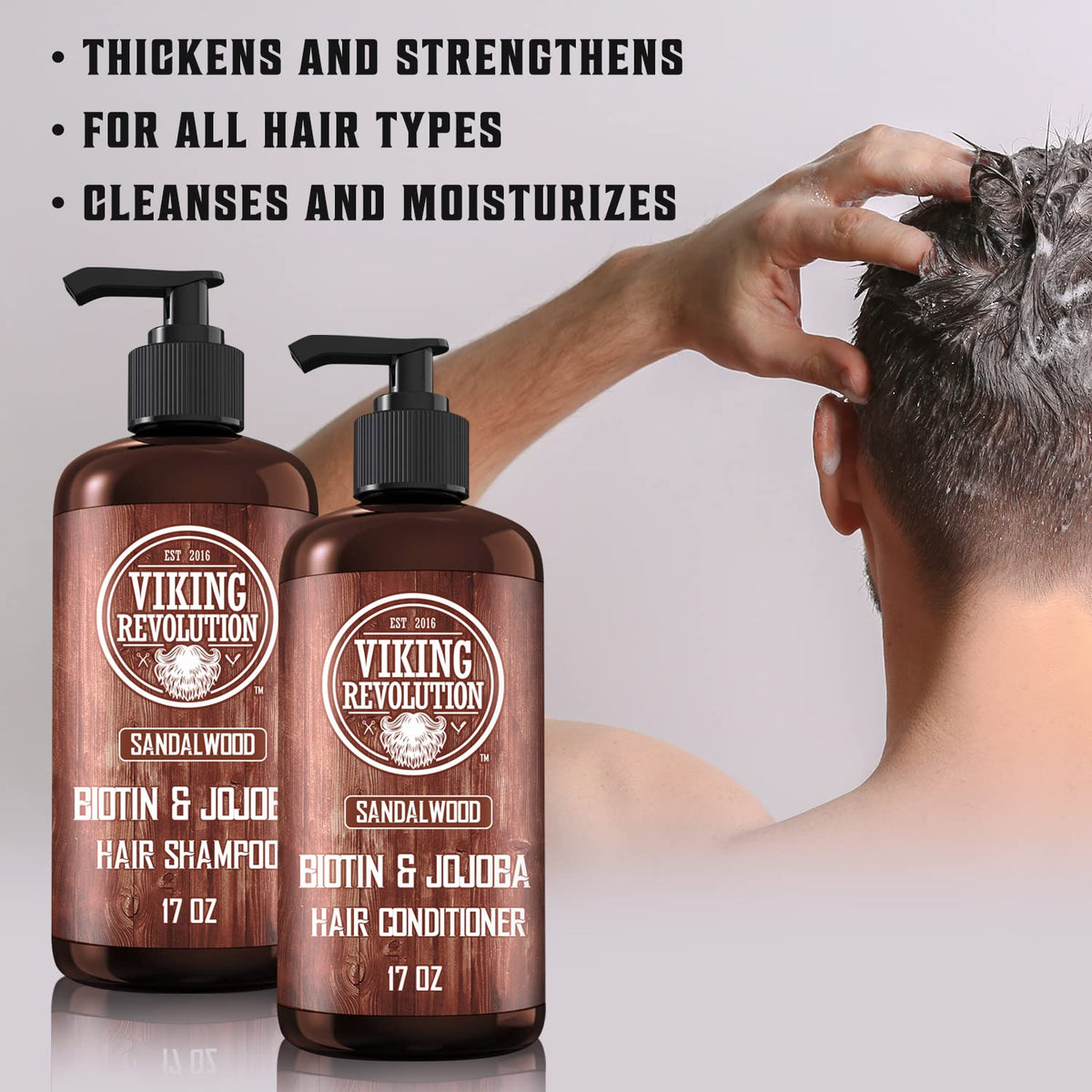 Viking Revolution label closeup highlighting biotin and vitamin B5 benefits